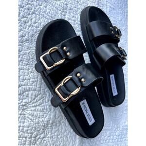 Steve Madden black with gold hardware, slip on sandals, women's size 7 1/2